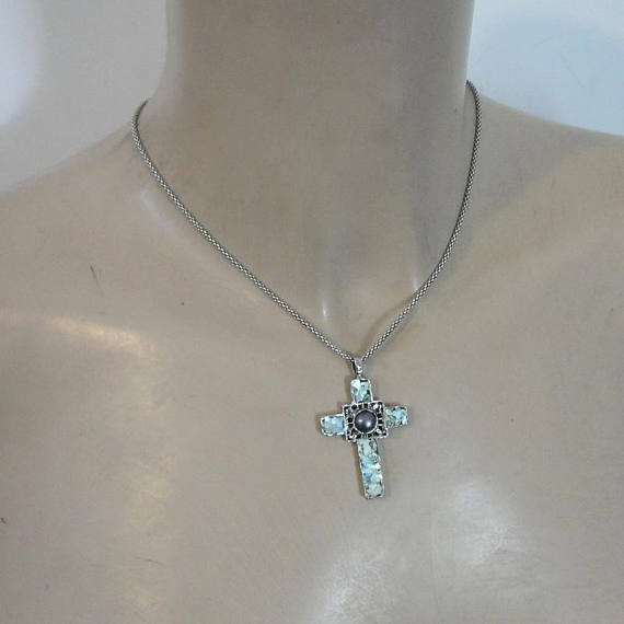 Hadar Designer NEW 925 Sterling Silver Pearl Roman Glass Cross Pendant