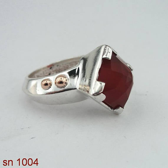 Israel handmade unique 925 Sterling Silver squer cornelian stone and Point 9k gold woman Ring size 8 (sn 1004)