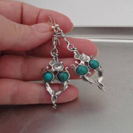 Hadar Designers Handmade Long Dangle 925 Sterling Silver Turquoise Earrings