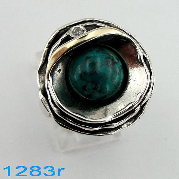 EILAT Ring, Hadar Jewelry Handcrafted Israel Art 925 Sterling Silver and 9K Yellow Gold eilat Ring, green eilat, Gift (ms 1283r