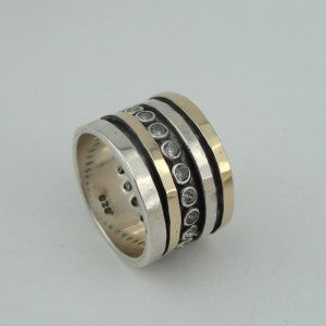 Hadar Designers Handmade 9k Yellow Gold 925 Silver CZ Swivel Ring (I r550