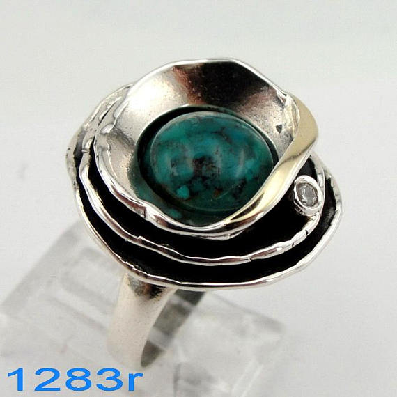 EILAT Ring, Hadar Jewelry Handcrafted Israel Art 925 Sterling Silver and 9K Yellow Gold eilat Ring, green eilat, Gift (ms 1283r