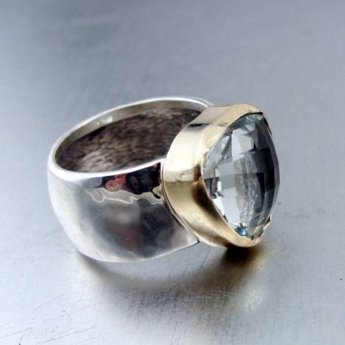 Hadar Designers 9k Yellow Gold 925 Silver Green Amethyst Ring