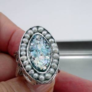 Hadar Designers Handmade Sterling Silver Pearl Roman Glass Ring Antique Israeli Jewelry