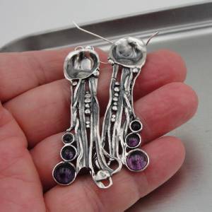 Hadar Designers Handmade Art Long Sterling Silver Genuine Amethyst Earrings Birthday Gift for Her