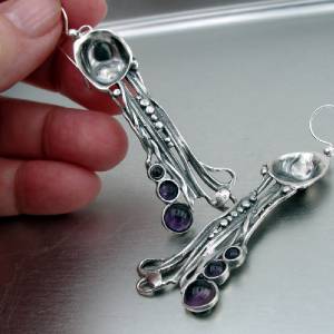 Hadar Designers Handmade Art Long Sterling Silver Genuine Amethyst Earrings Birthday Gift for Her