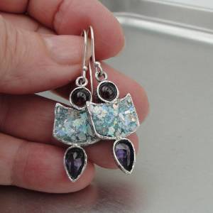 Hadar Designers Handmade 925 Silver Roman Glass Earrings Pendant Set (AS)