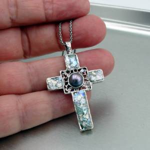Hadar Jewelry Sterling Silver Pearl Roman Glass Cross Pendant