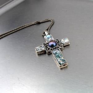 Hadar Jewelry Sterling Silver Pearl Roman Glass Cross Pendant