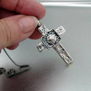 Hadar Jewelry Sterling Silver Pearl Roman Glass Cross Pendant