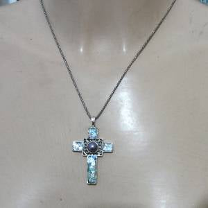Hadar Jewelry Sterling Silver Pearl Roman Glass Cross Pendant