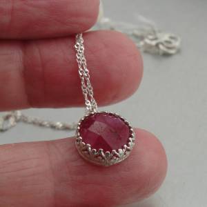 Round Natural red Ruby gemstones Pendant, Sterling Silver Filigree and Red Ruby Pendant