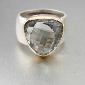 Hadar Designers 9k Yellow Gold 925 Silver Green Amethyst Ring