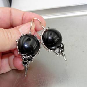 Hadar Designers Israel Handmade Artistic Dangle Sterling Silver Onyx Earrings