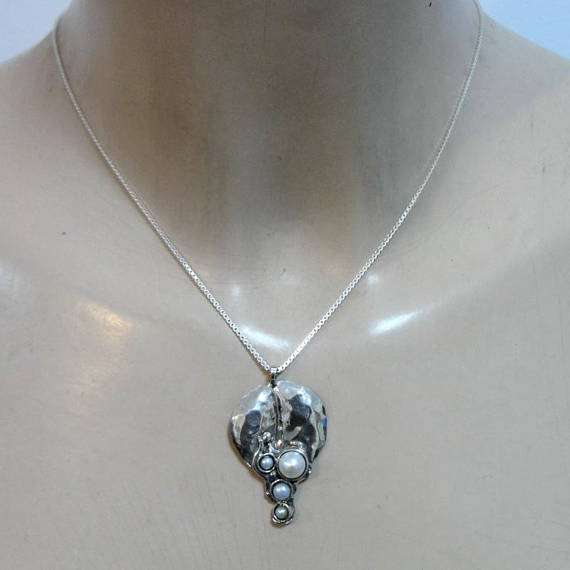 Hadar Designers White Pearl Pendant 925 Sterling Silver Handmade Art