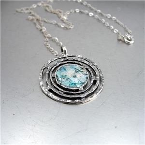 Hadar Designers Handmade Round Sterling Silver Roman Glass Pendant Fine Israeli Jewelry