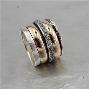Hadar Designer Swivel 9k Yellow Gold Sterling Silver Zircon Ring