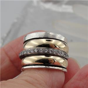 Hadar Designer Swivel 9k Yellow Gold Sterling Silver Zircon Ring