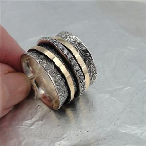 Hadar Designer Handmade Swivel 9k Yellow Gold 925 Silver Zircon Ring
