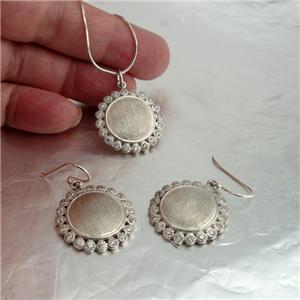 Hadar Designers Handmade Brush 925 Silver Zircon Pendant Earrings Set Luxury Israeli Jewelry Set for Women
