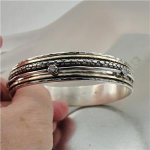 Hadar Designers Handmade 9k Yellow Gold 925 Silver Zircon Bangle Bracelet Made in Israel Gift for Her