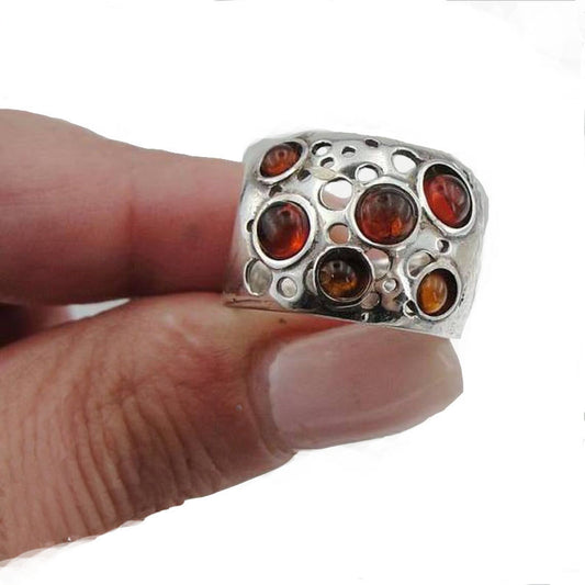 Wide sterling silver with 5 natural Ambers gemstones ring