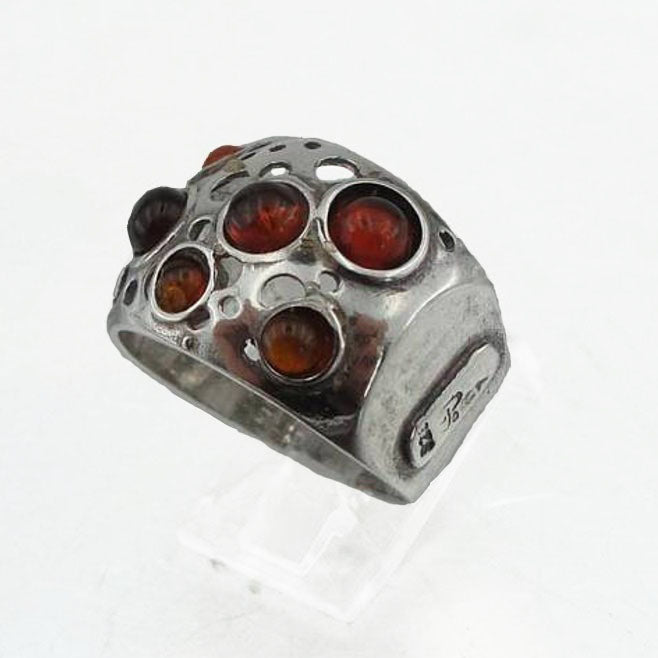 Wide sterling silver with 5 natural Ambers gemstones ring