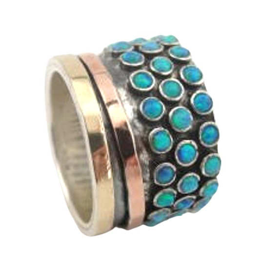 Multi Gemstones Opal Ring With Swivel Yellow Gold and Red Gold Bands Christmas Gift