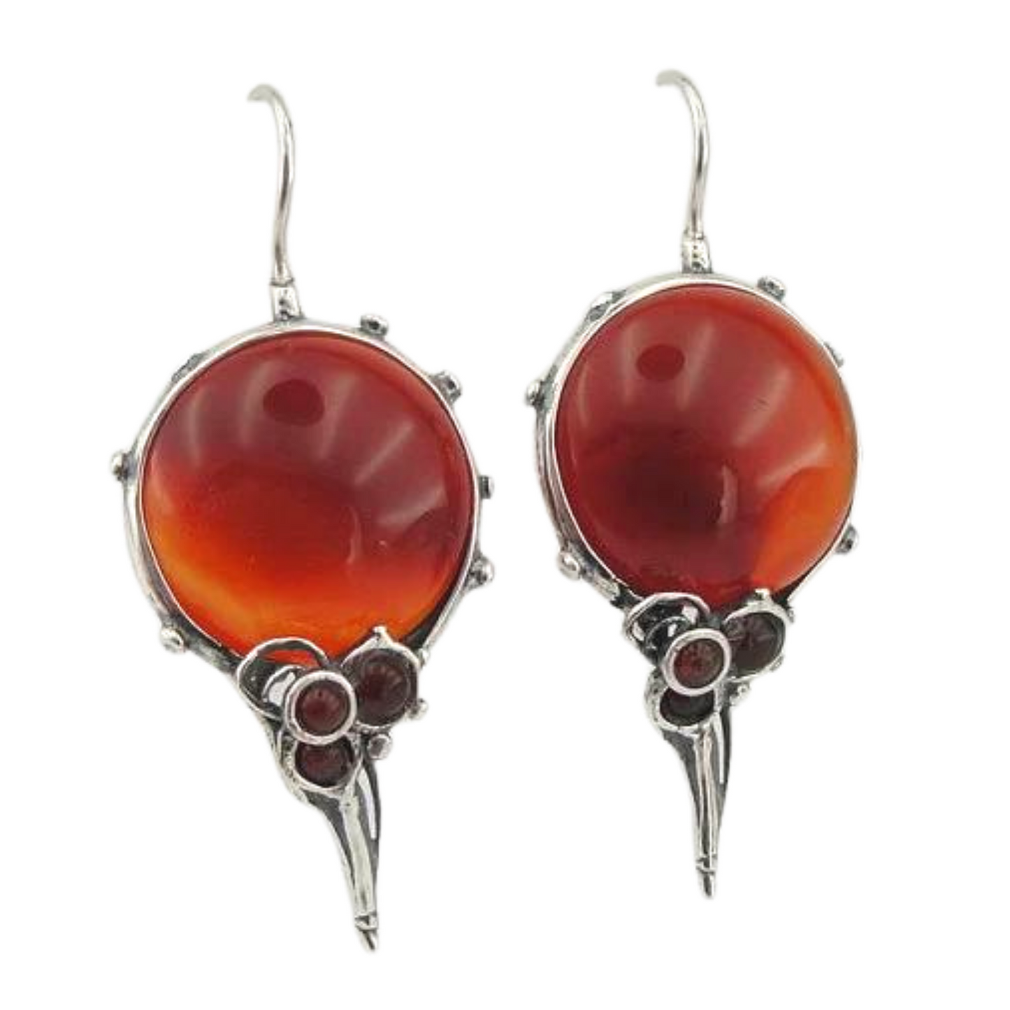 Round natural Carnelian gemstones set in a sterling silver frame.