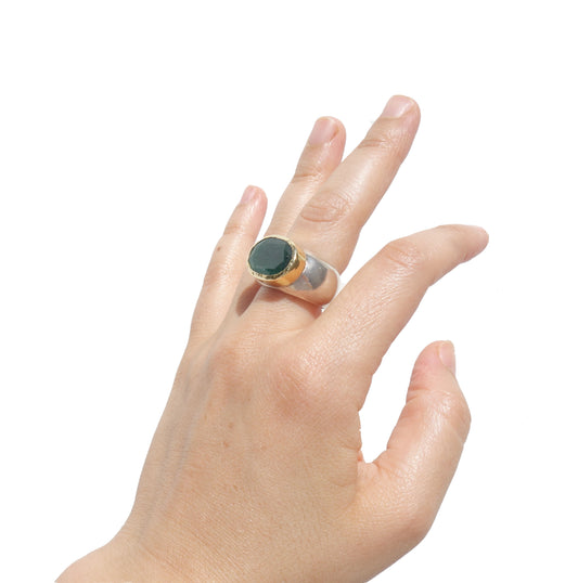 Oval natural Emerald ring, sterling silver ring with natural Emerald gemstone decorated with Gold