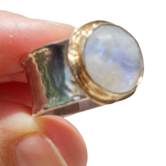 Hadar Designers Handmade 9k Yellow Gold 925 Silver Moonstone Ring