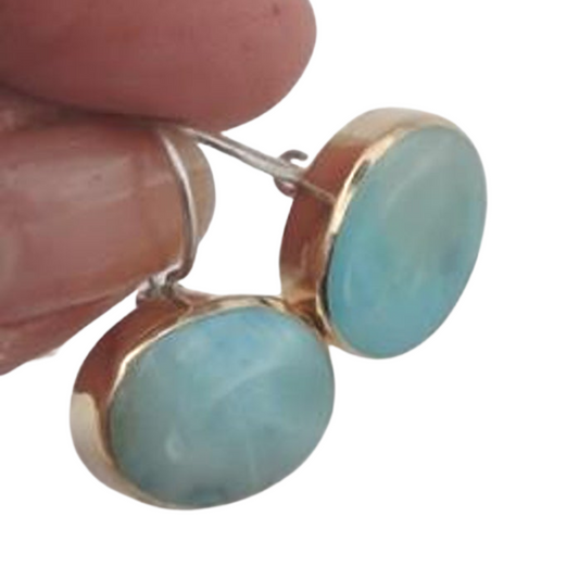 Oval Earrings, with Blue Larimar Gemstones, 9k Yellow Gold 925 Silver Blue Larimar Earrings