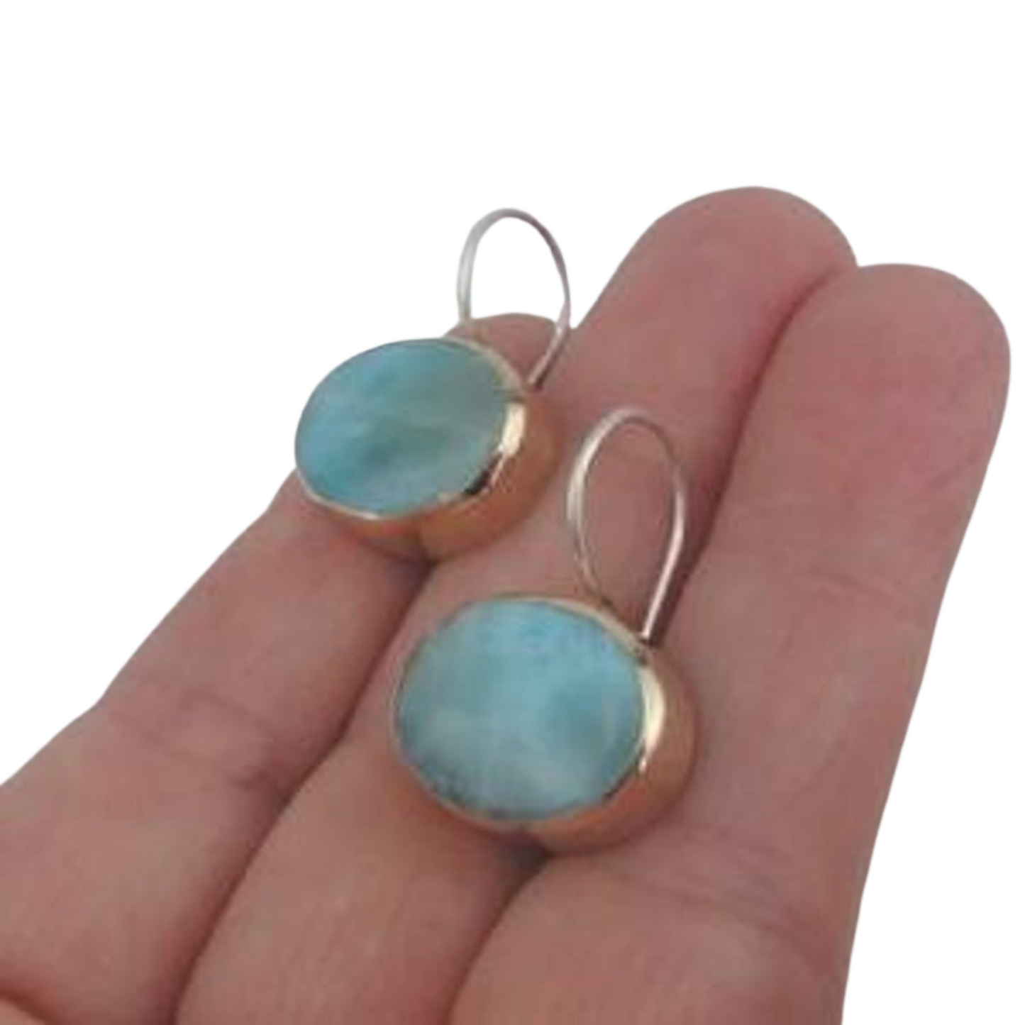 Oval Earrings, with Blue Larimar Gemstones, 9k Yellow Gold 925 Silver Blue Larimar Earrings