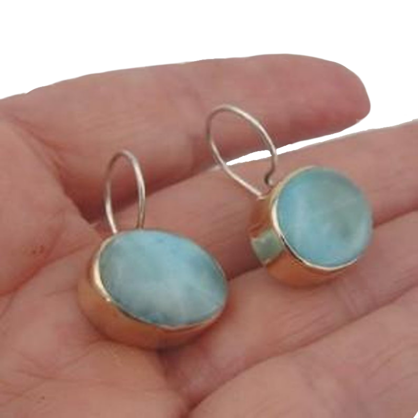 Oval Earrings, with Blue Larimar Gemstones, 9k Yellow Gold 925 Silver Blue Larimar Earrings