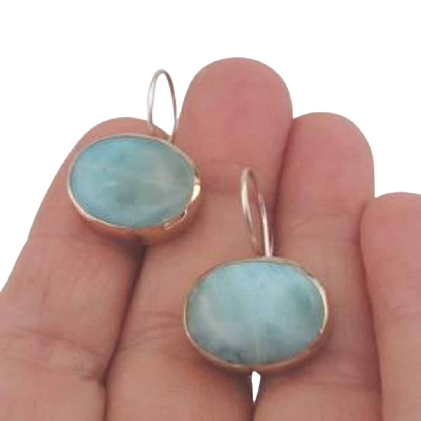 Oval Earrings, with Blue Larimar Gemstones, 9k Yellow Gold 925 Silver Blue Larimar Earrings