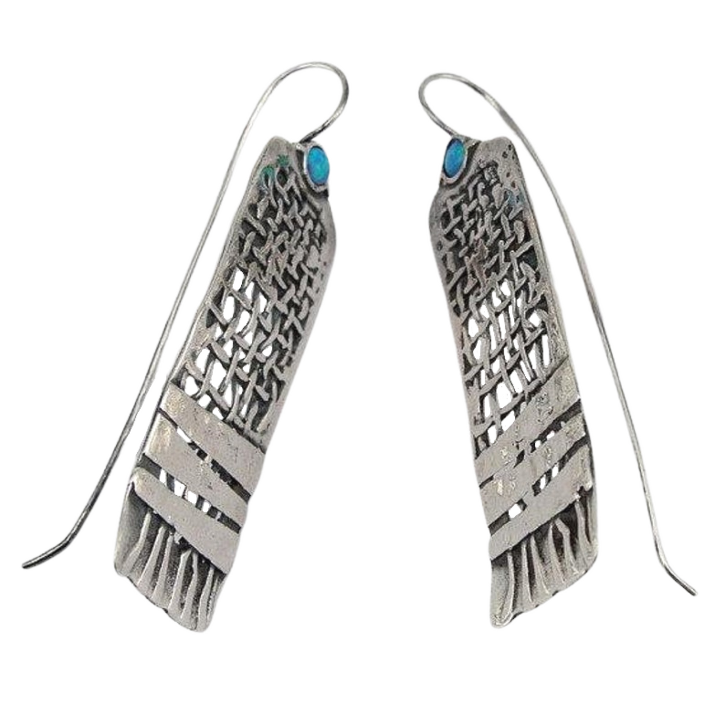 Solid Sterling Silver Net textured Earrings decorated with Mosaic Blue Opal
