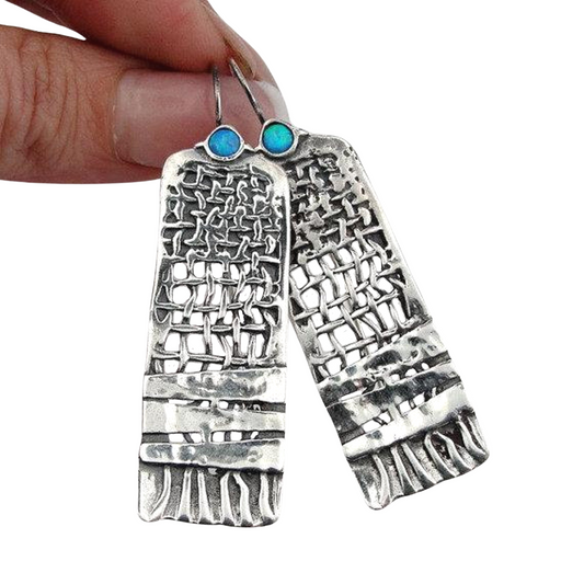 Solid Sterling Silver Net textured Earrings decorated with Mosaic Blue Opal