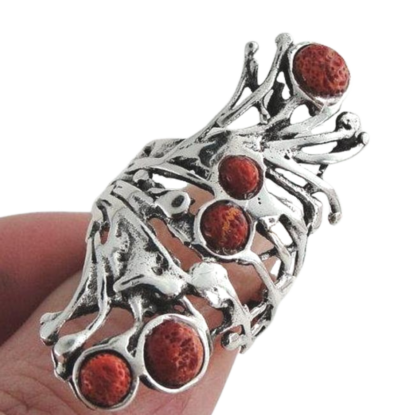 Long 925 Sterling Silver Sponge Coral Ring, Sculptural sterling silver Ring with Natural Coral. long ring, statement ring.