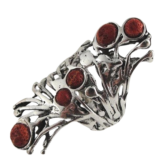 Long 925 Sterling Silver Sponge Coral Ring, Sculptural sterling silver Ring with Natural Coral. long ring, statement ring.