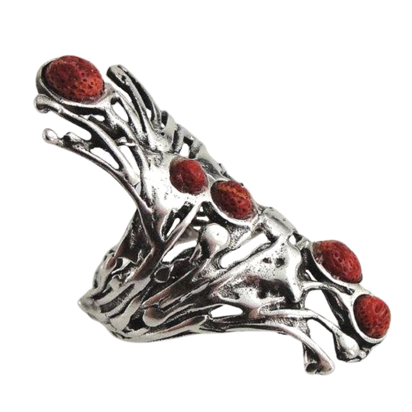 Long 925 Sterling Silver Sponge Coral Ring, Sculptural sterling silver Ring with Natural Coral. long ring, statement ring.