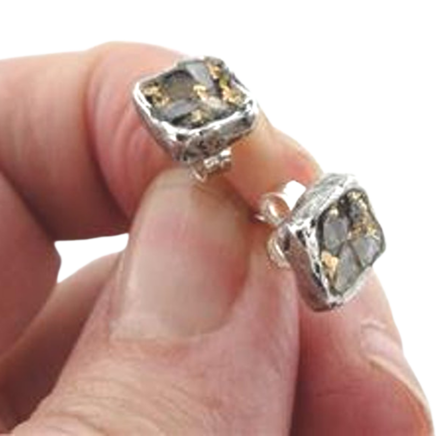 Hadar Designers 24k Gold Sterling Silver Raw Diamond Stud Earrings Handmade