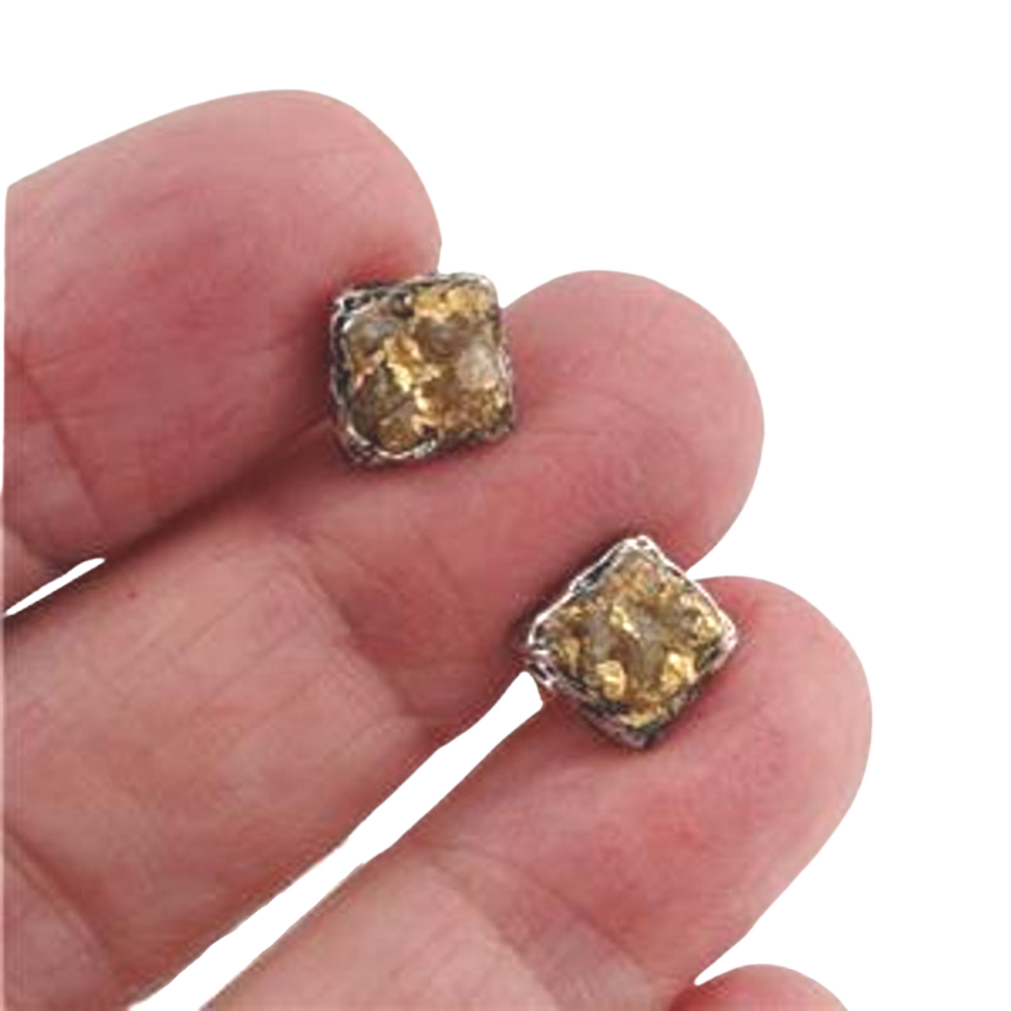 Hadar Designers 24k Gold Sterling Silver Raw Diamond Stud Earrings Handmade