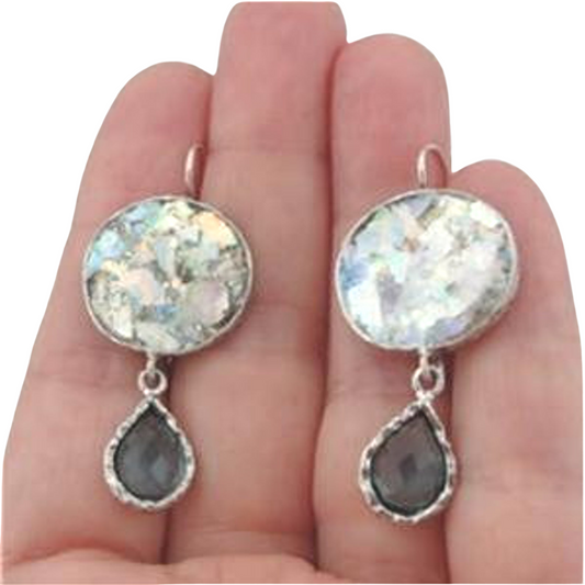 Handmade Sterling Silver Antique Roman Glass and Blue CZ Earrings