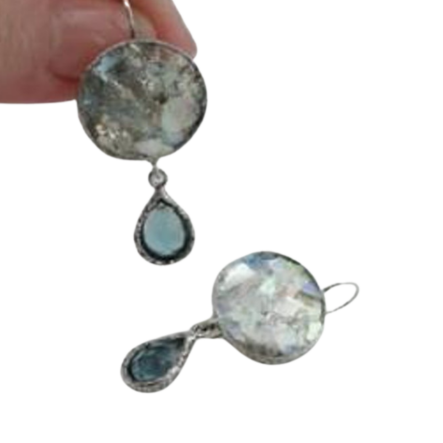 Handmade Sterling Silver Antique Roman Glass and Blue CZ Earrings