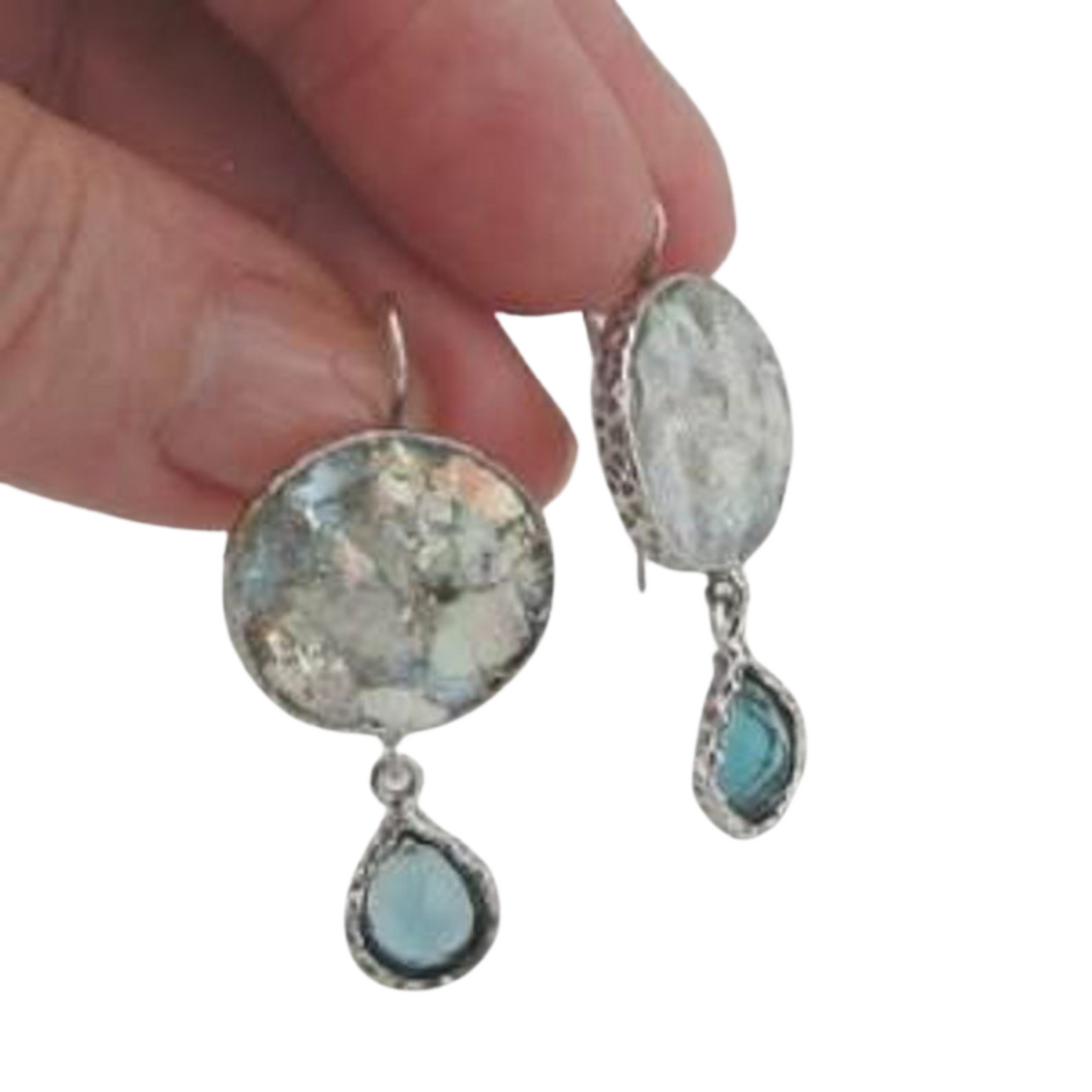 Handmade Sterling Silver Antique Roman Glass and Blue CZ Earrings