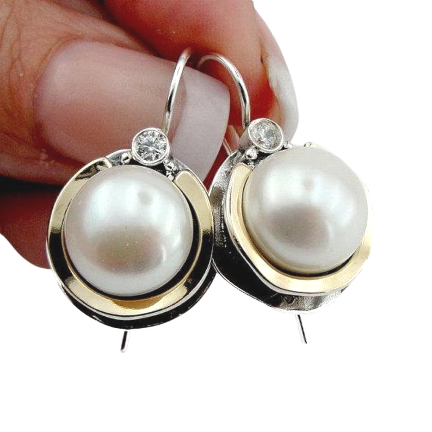 Big Pearls Dangle Earrings with Yellow Gold & Sterling Silver – Ready to Ship for Christmas