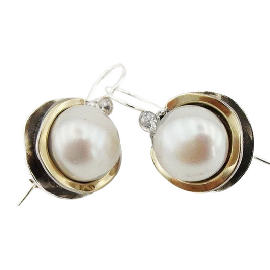 Big Pearls Dangle Earrings with Yellow Gold & Sterling Silver – Ready to Ship for Christmas