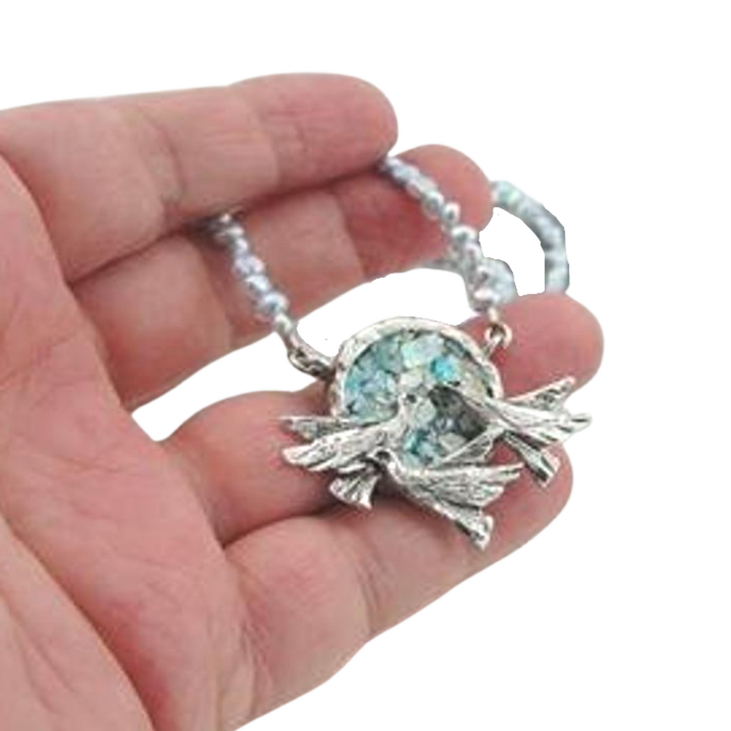 Israel Handmade 925 Silver Bird Roman Glass Pearl Necklace