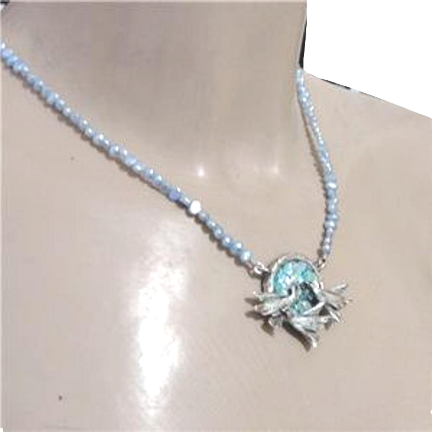 Israel Handmade 925 Silver Bird Roman Glass Pearl Necklace