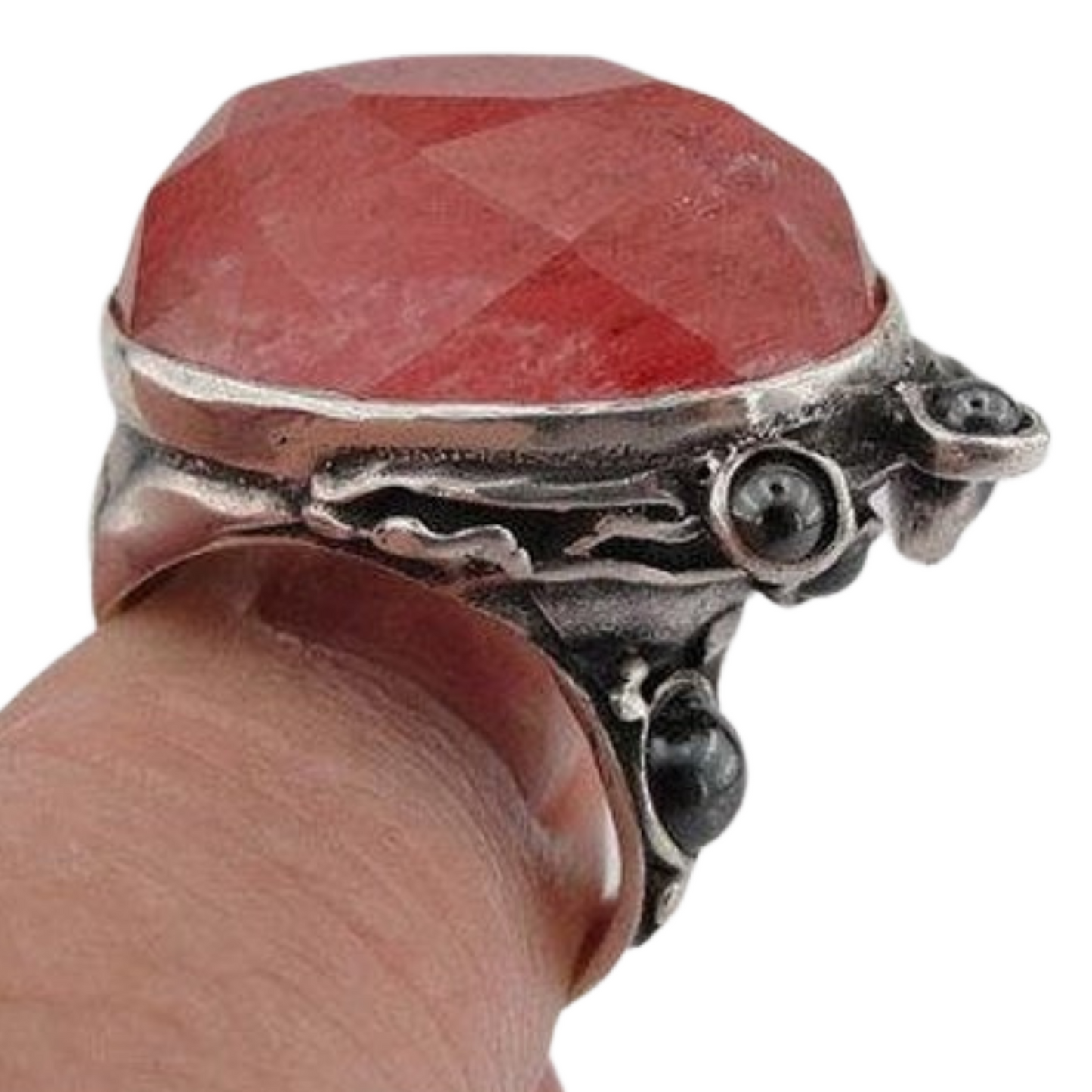 Oval Silver rose quartz Ring with black pearls